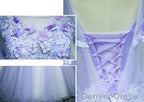 Light Purple Charming Tulle Sweet 16 Gowns With Lace, Flowers Prom Dresses