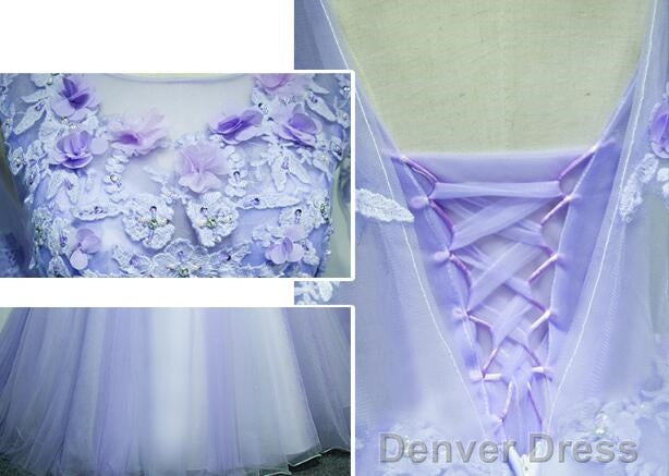 Light Purple Charming Tulle Sweet 16 Gowns With Lace, Flowers Prom Dresses