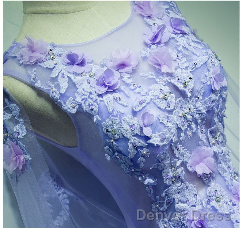 Light Purple Charming Tulle Sweet 16 Gowns With Lace, Flowers Prom Dresses