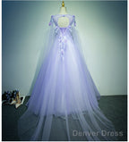 Light Purple Charming Tulle Sweet 16 Gowns With Lace, Flowers Prom Dresses