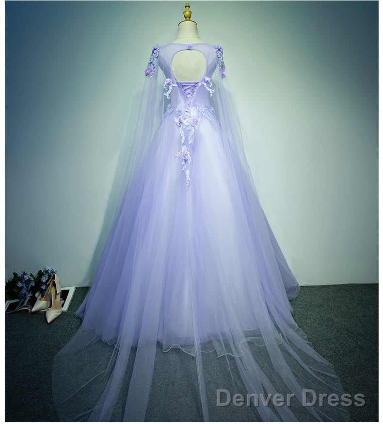 Light Purple Charming Tulle Sweet 16 Gowns With Lace, Flowers Prom Dresses