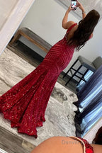 Light Purple Deep V Neck Sequin Mermaid Prom Dresses