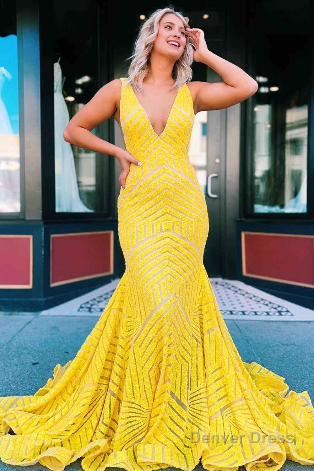 Light Purple Deep V Neck Sequin Mermaid Prom Dress