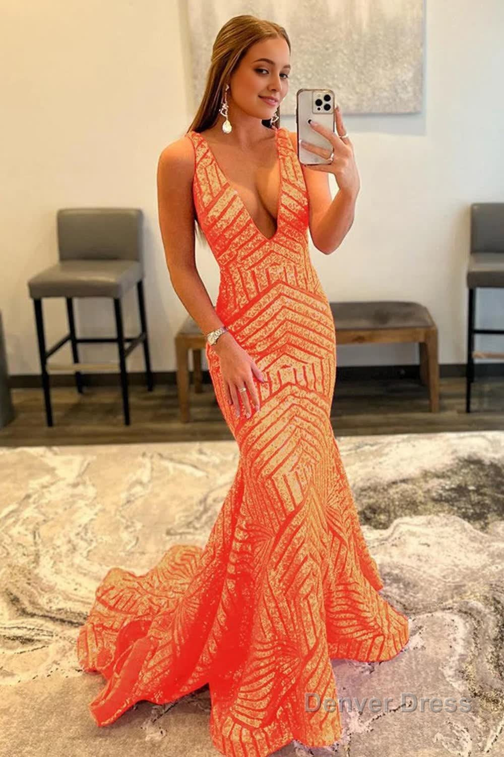 Light Purple Deep V Neck Sequin Mermaid Prom Dresses