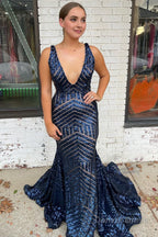 Light Purple Deep V Neck Sequin Mermaid Prom Dresses