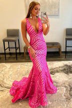 Light Purple Deep V Neck Sequin Mermaid Prom Dresses