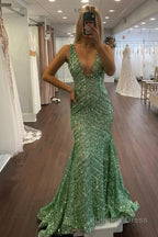 Light Purple Deep V Neck Sequin Mermaid Prom Dresses