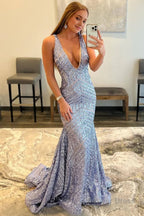 Light Purple Deep V Neck Sequin Mermaid Prom Dresses