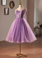Light Purple Knee Length Straps Prom Dress, Light Purple Homecoming Dresses