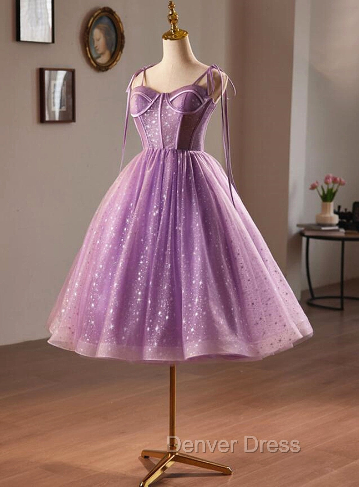 Light Purple Knee Length Straps Prom Dress, Light Purple Homecoming Dresses