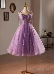 Light Purple Knee Length Straps Party Dress, Light Purple Homecoming Dress