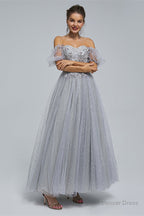 Light Purple Lace And Sequins Tulle Off The Shoulder Floor Length Dresses