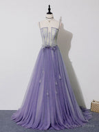 Light Purple Lace Top and Tulle A Line Straps Prom Dress Prom Dress, Purple Prom Dresses