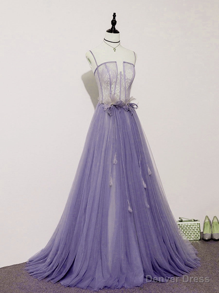 Light Purple Lace Top and Tulle A Line Straps Prom Dress Prom Dress, Purple Prom Dresses Main image