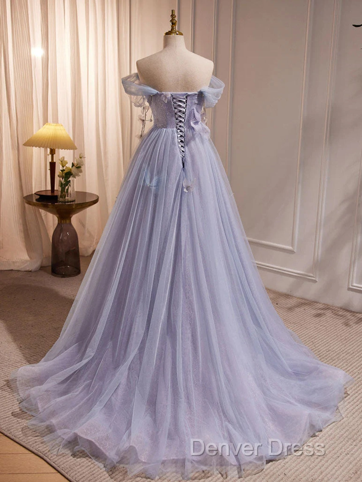 Light Purple Off Shoulder Sweetheart Long Formal Dresses, Light Purple Tulle Prom Dresses
