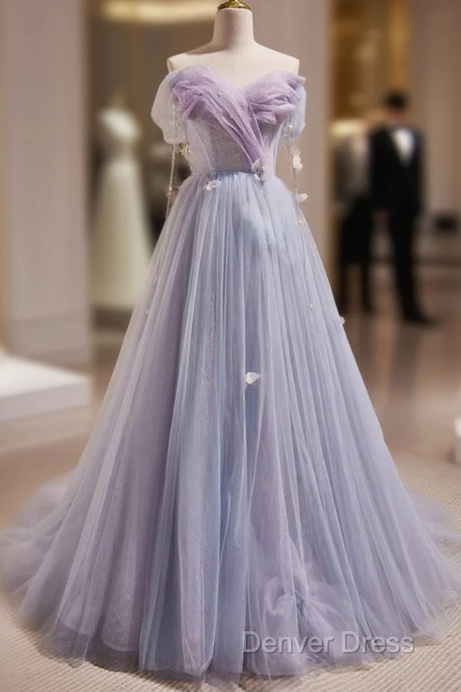 Light Purple Off Shoulder Sweetheart Long Formal Dresses, Light Purple Tulle Prom Dresses Main image