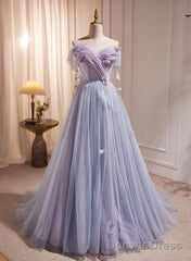 Light Purple Off Shoulder Sweetheart Long Formal Dress, Light Purple Tulle Prom Dress