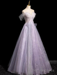 Light Purple Off Shoulder Tulle Long Party Dress, A-Line Light Purple Prom Dress