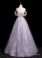 Light Purple Off Shoulder Tulle Long Party Dress, A-Line Light Purple Prom Dress