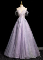 Light Purple Off Shoulder Tulle Long Party Dress, A-Line Light Purple Prom Dress