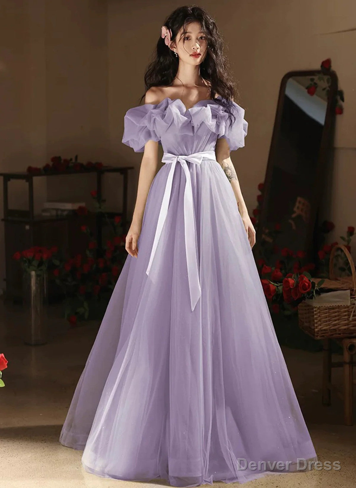 Light Purple Off Shoulder Tulle Party Dress, Light Purple Prom Dress Secondary image