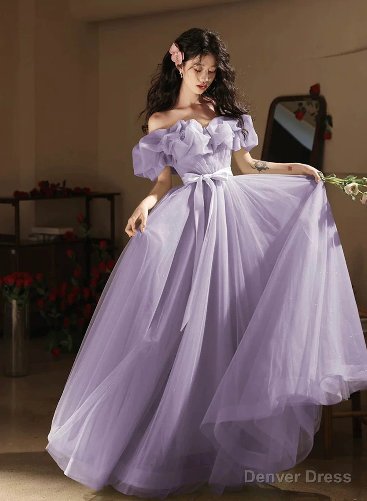 Light Purple Off Shoulder Tulle Party Dress, Light Purple Prom Dress Main image