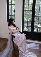 Light Purple Satin Long Prom Dress, Light Purple Sweetheart Prom Dresses