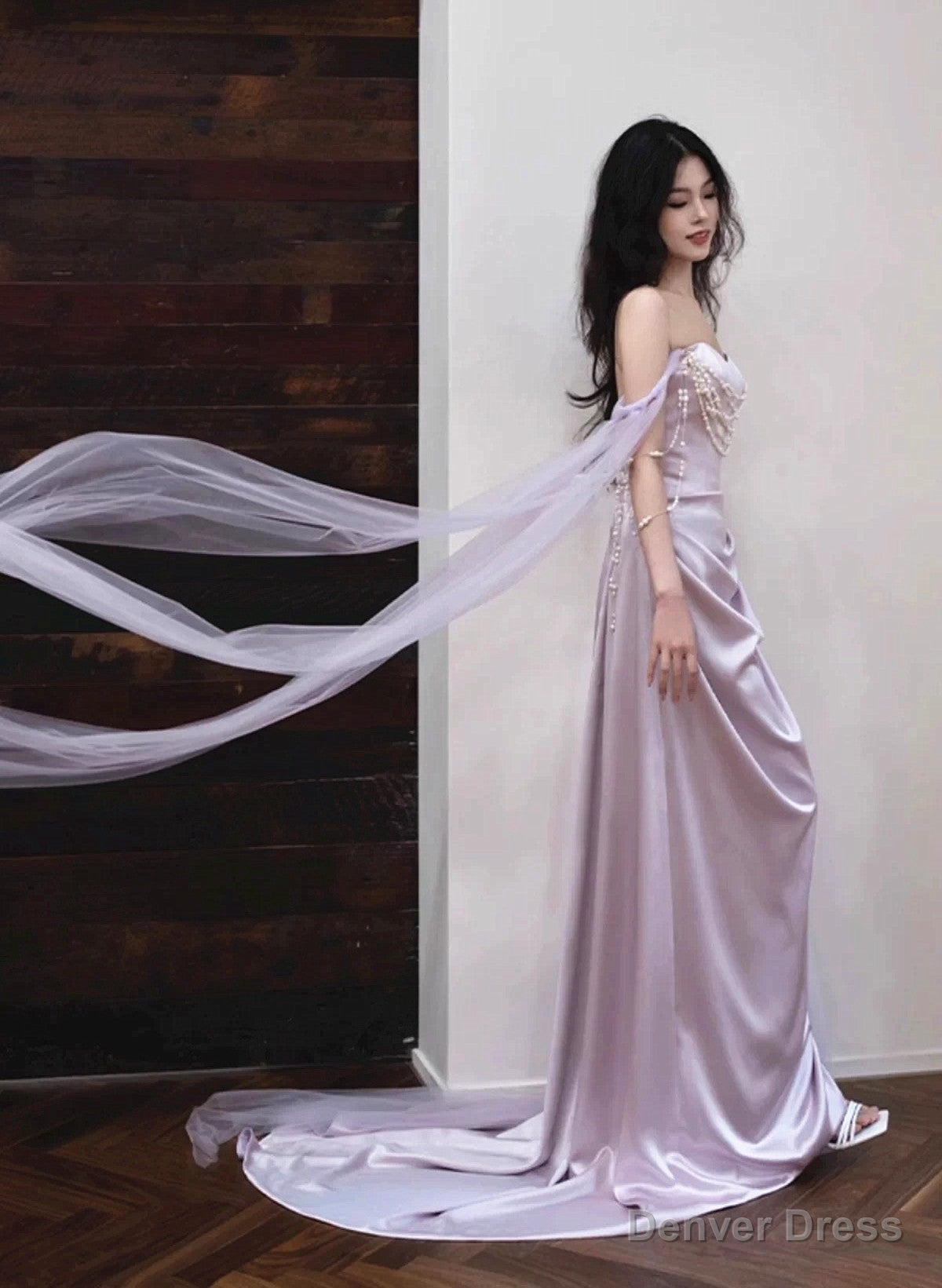Light Purple Satin Long Prom Dress, Light Purple Sweetheart Prom Dresses