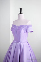 Light Purple Satin Short Prom Dress with Lace, Cute Short Homecoming Dresses
