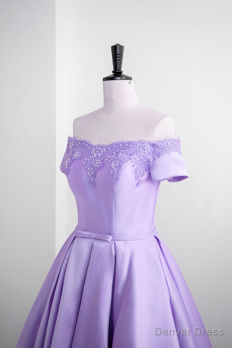 Light Purple Satin Short Prom Dress with Lace, Cute Short Homecoming Dresses