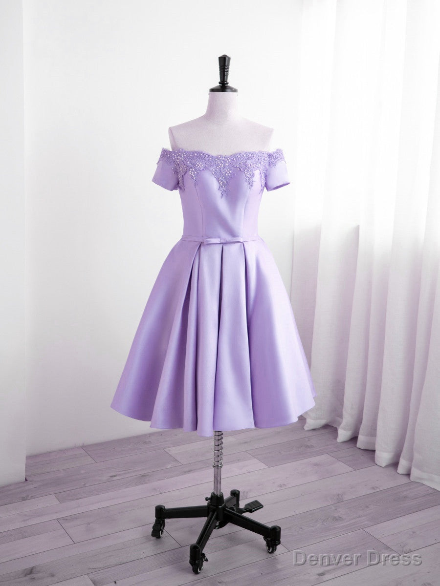 Light Purple Satin Short Party Dress with Lace, Cute Short Homecoming Dress Main image