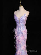Light Purple Sequins Mermaid Long Party Dresses, Light Purple Evening Dresses Prom Dresses