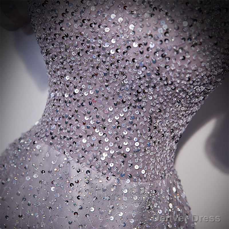 Light Purple Sequins Short Sleeves Prom Dress, Purple Prom Dresses