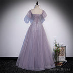 Light Purple Sequins Short Sleeves Party Dress, Purple Formal Dresses