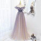 Light Purple Shiny Tulle Gradient A Line Sweetheart Prom Dress, Long Tulle Prom Dresses