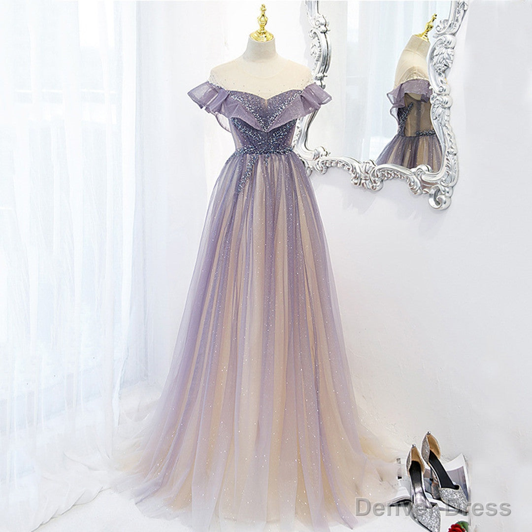 Light Purple Shiny Tulle Gradient A Line Sweetheart Prom Dress, Long Tulle Prom Dresses