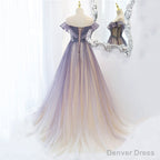Light Purple Shiny Tulle Gradient A Line Sweetheart Prom Dress, Long Tulle Prom Dresses
