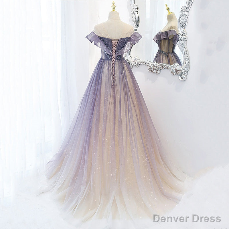 Light Purple Shiny Tulle Gradient A Line Sweetheart Prom Dress, Long Tulle Prom Dresses