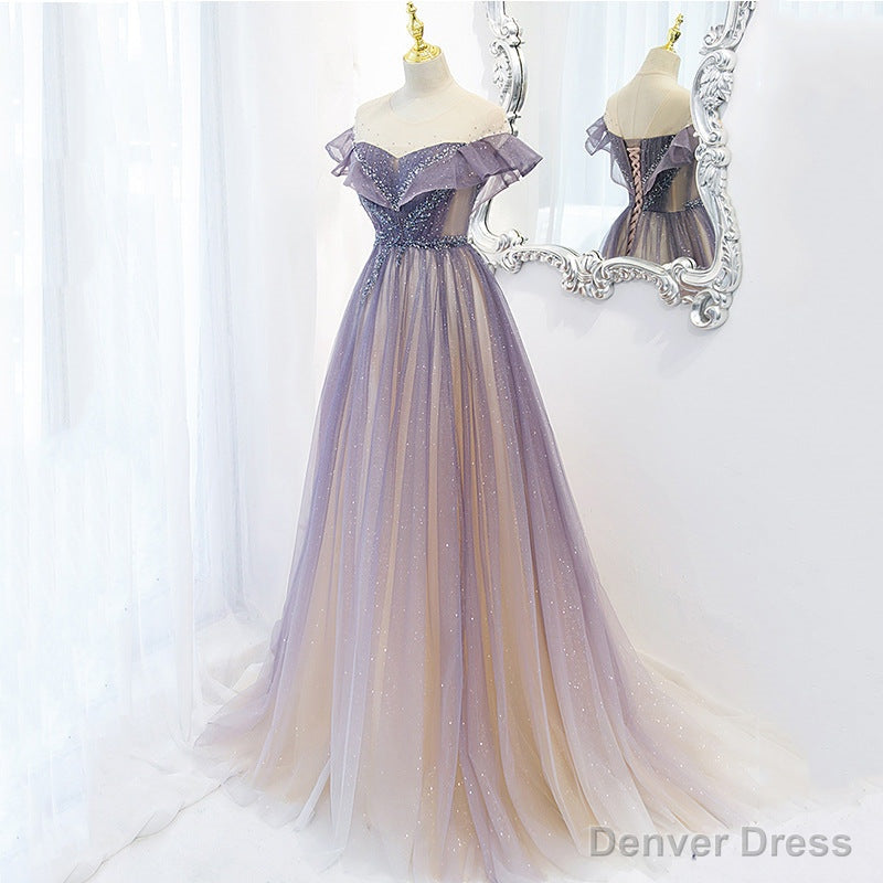 Light Purple Shiny Tulle Gradient A Line Sweetheart Prom Dress, Long Tulle Prom Dresses