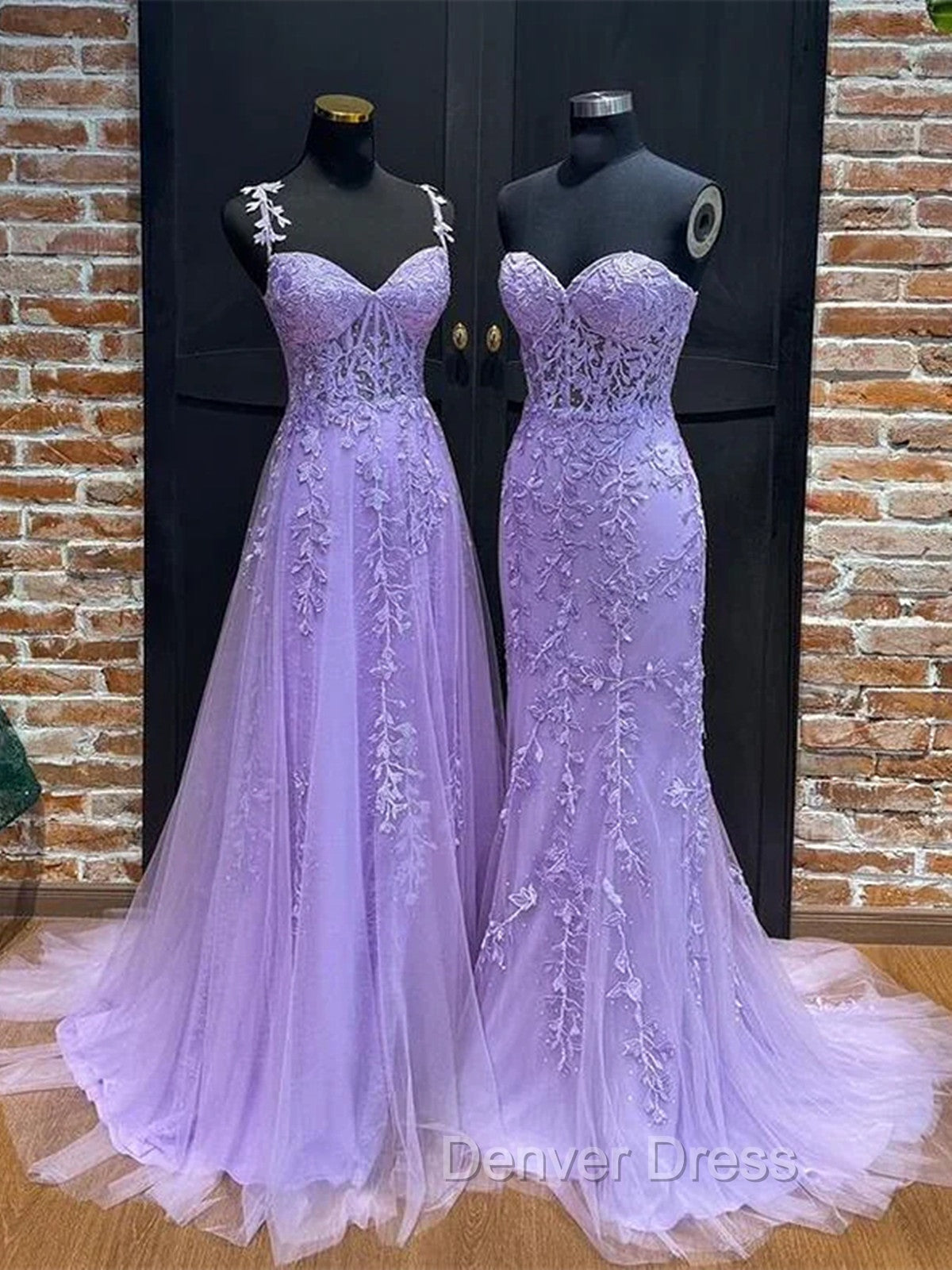 Light Purple Sweetheart Lace Long Formal Gown, Purple Lace Prom Dresses Secondary image