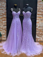 Light Purple Sweetheart Lace Long Formal Gown, Purple Lace Prom Dresses