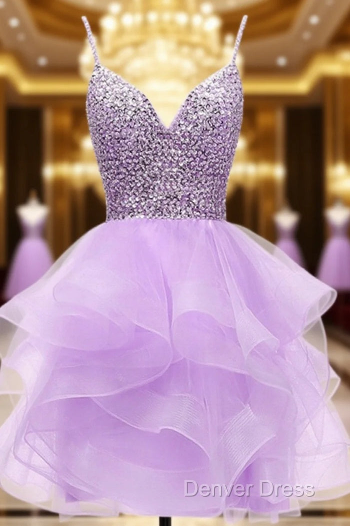 Light Purple Tulle Beaded Short Homecoming Dresses, Light Purple Short Prom Dresses Main image