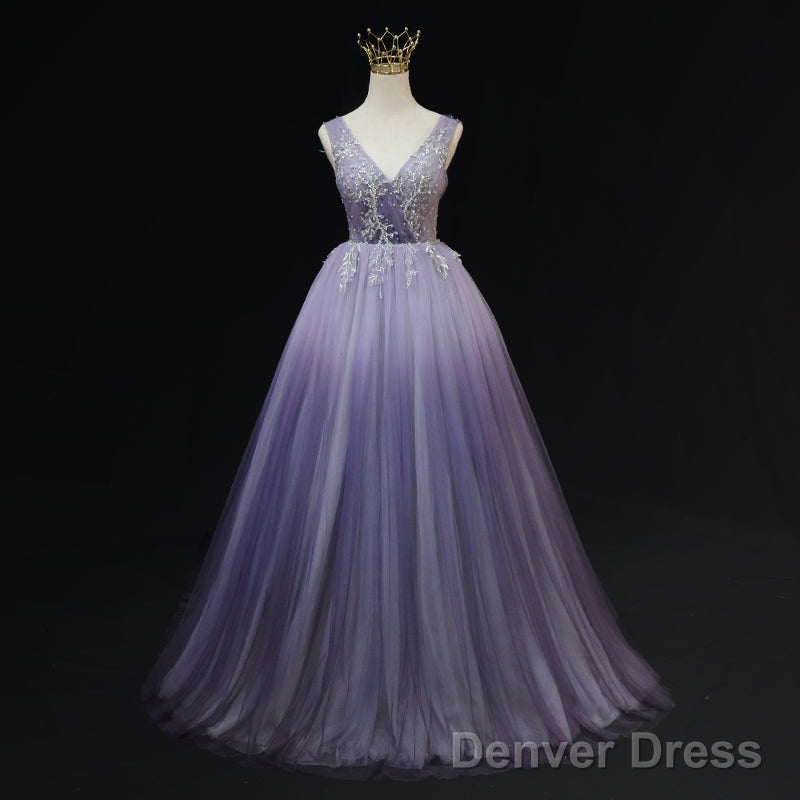 Light Purple Tulle Gradient Lace Applique Formal Dress, Beautiful Long Prom Dress Secondary image