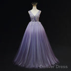 Light Purple Tulle Gradient Lace Applique Formal Dress, Beautiful Long Prom Dress