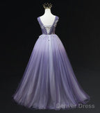 Light Purple Tulle Gradient Lace Applique Formal Dress, Beautiful Long Prom Dress