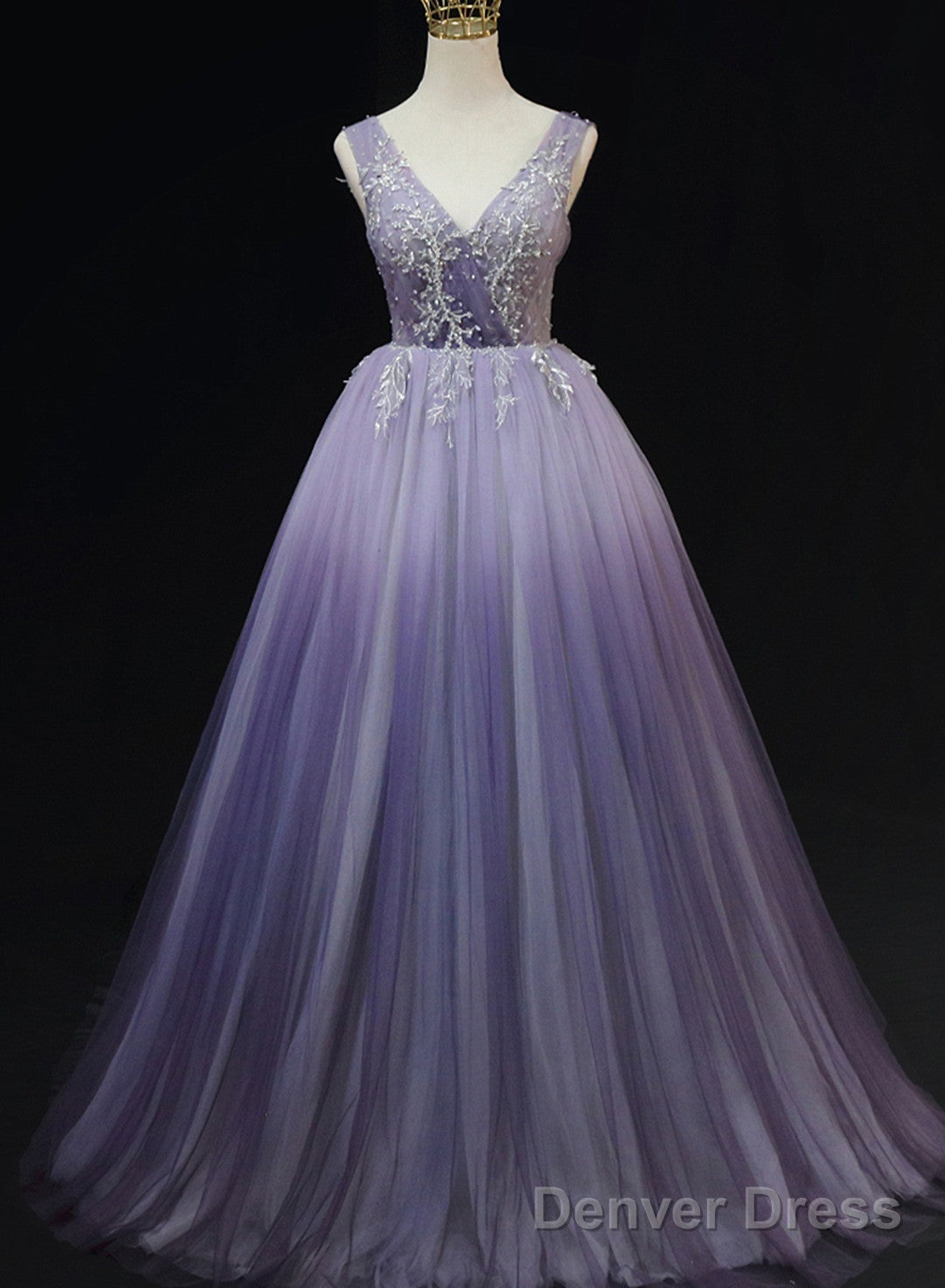 Light Purple Tulle Gradient Lace Applique Formal Dress, Beautiful Long Prom Dress Main image