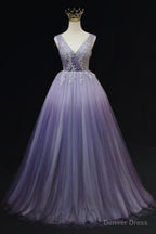 Light Purple Tulle Gradient Lace Applique Prom Dress, Long Prom Dresses