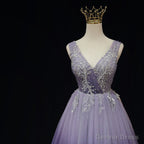 Light Purple Tulle Gradient Lace Applique Prom Dress, Long Prom Dresses