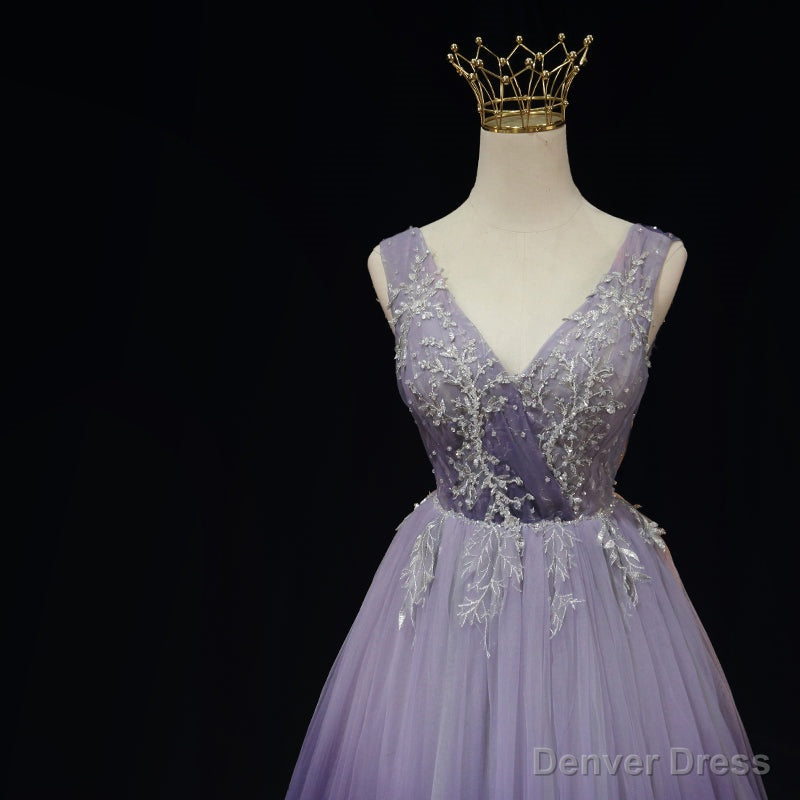 Light Purple Tulle Gradient Lace Applique Prom Dress, Long Prom Dresses