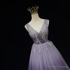 Light Purple Tulle Gradient Lace Applique Prom Dress, Long Prom Dresses